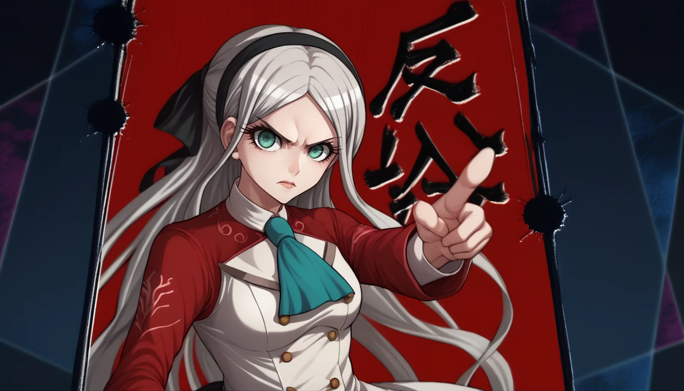 score_9, score_8_up, score_7_up, objection, upper body, multicolored background, red background, kanji,  <lora:Danganronpa3ObjectionCutIn_pdxl_Incrs_v1:1.1>, <lora:elie-pdxl-nvwls-v1:1> zeroElie, black hairband, hair ribbon, long hair, ascot, uniform, long red sleeves, white dress, pointing at viewer,