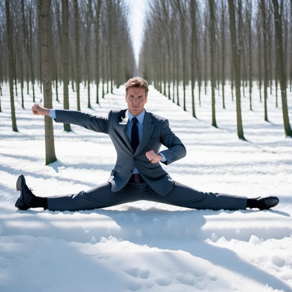 cinematic photo a full body portrait of a man, wears a grey suit and tie, doing a split, snow landscape, daylight <lora:JohnnyCage1995-1024:0.8> . 35mm photograph, film, bokeh, professional, 4k, highly detailed