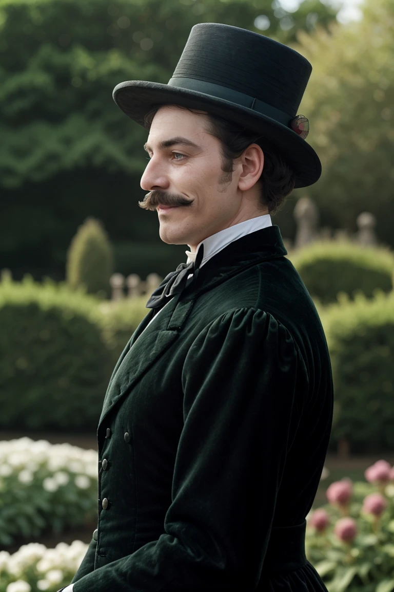 smiling, mustache, top_hat, garden_background, victorian_clothes, close-up, side_profile, green_eyes, sideburns