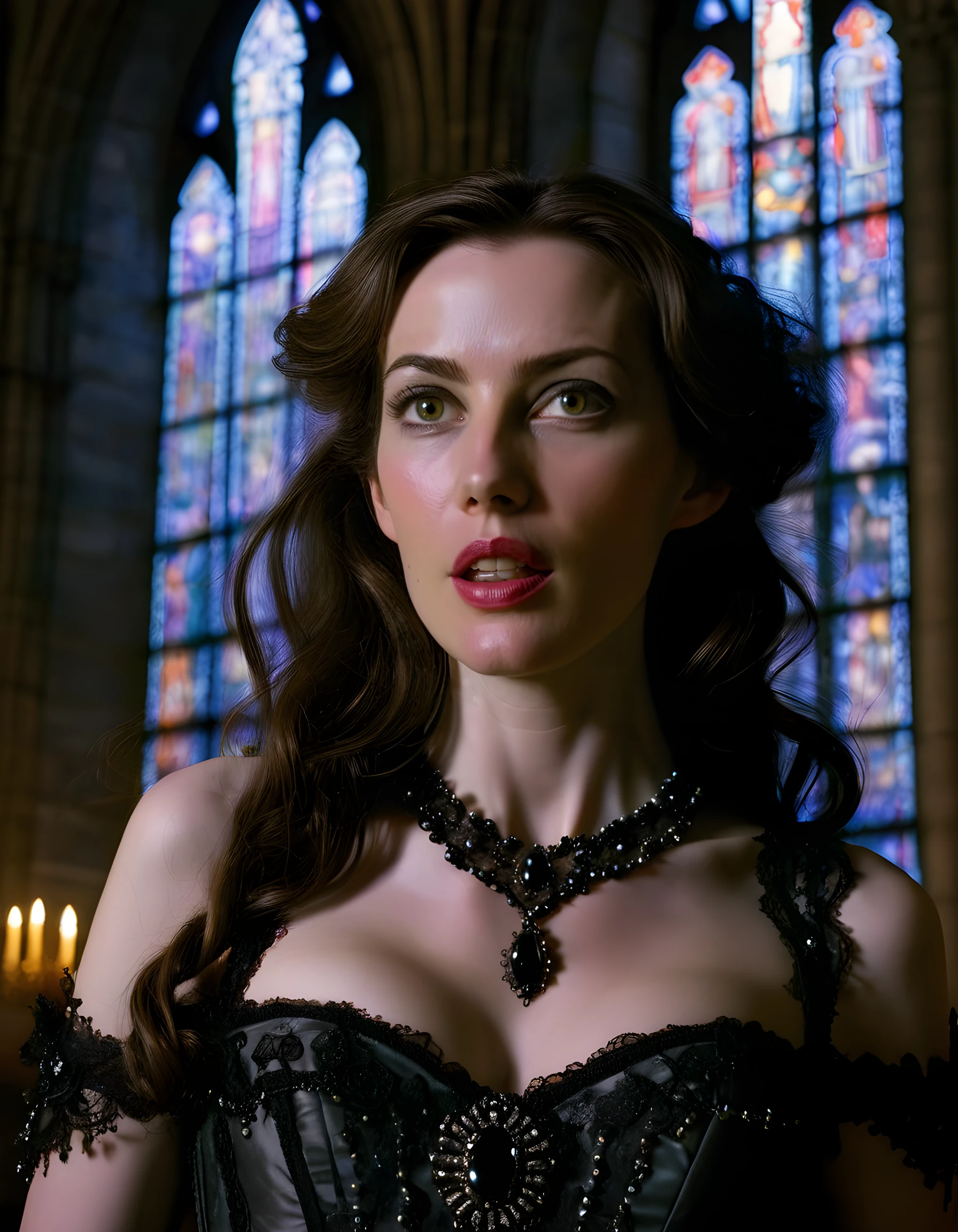 Selene, Kate Beckinsale, nude on top of church roof at night, heavy rain, lightning, open legs showing her pussy, underworld, pubic hair, perfect eyes, beautiful face, vampire cape, dark hair, pantyhouse, gloves, vampire teeth, blood
