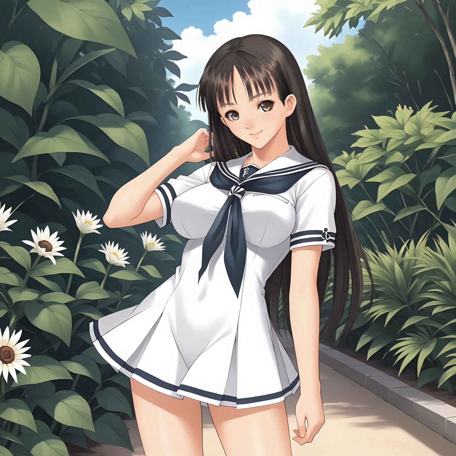 <lora:SnIMnI_AsaMizushimaXLpony006>,
looking at viewer,smile,
solo,
AsaMizushima,1girl,black hair,long hair,brown eyes,
large breasts,
sailor,white sailor color,white dress,short_sleeves,short dress,
outdoors,
standing,