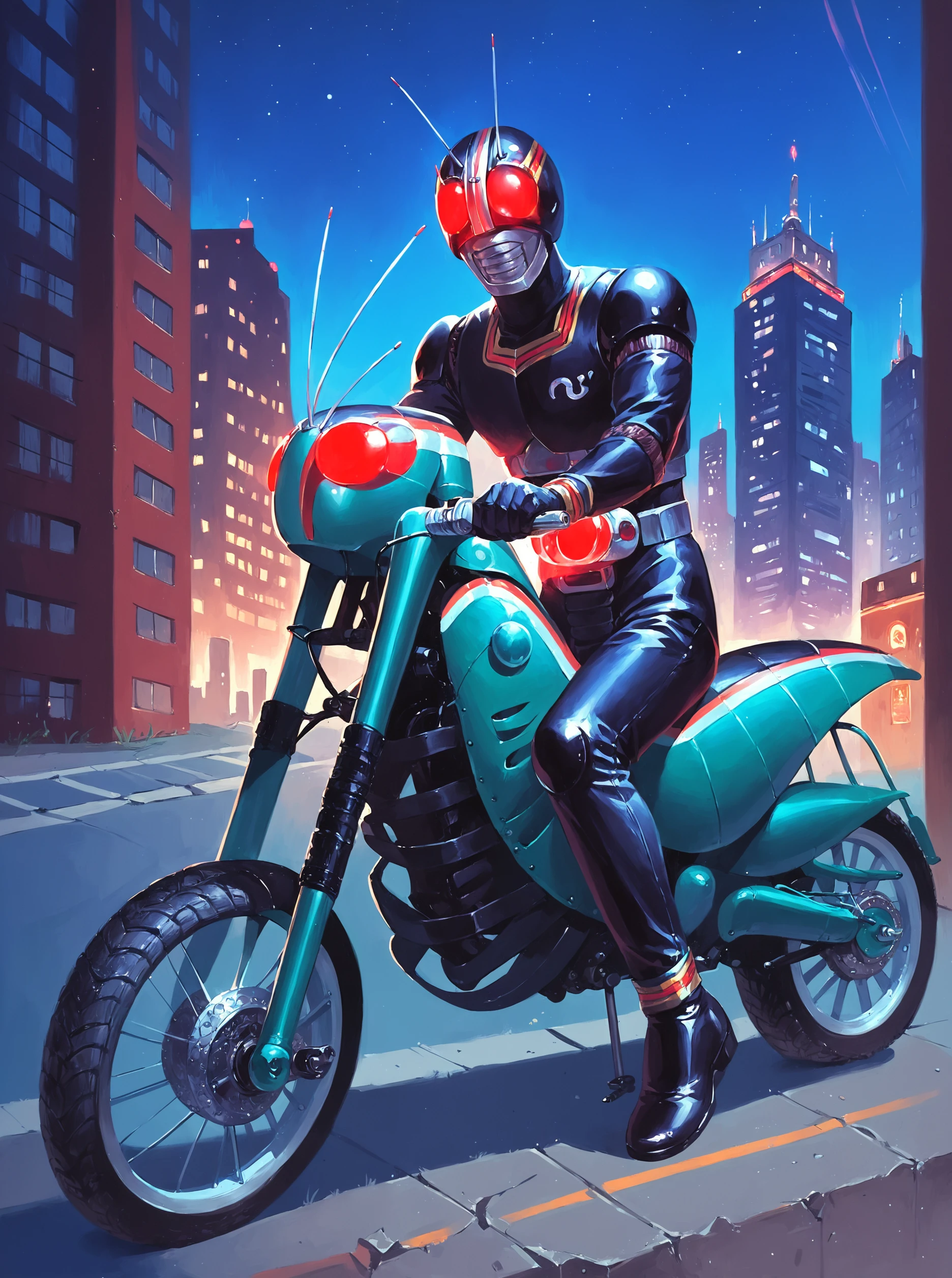 score_9, score_8_up, score_7_up, masterpiece, source_realistic, kamen rider, 1boy, ground vehicle, motorcycle, male focus, motor vehicle, solo, antennae,  glowing eyes, city, night<lora:sn0wStyle:1> <lora:HKHorrorXL:1>,    <lora:Kamen_rider_black_1987:1> sit