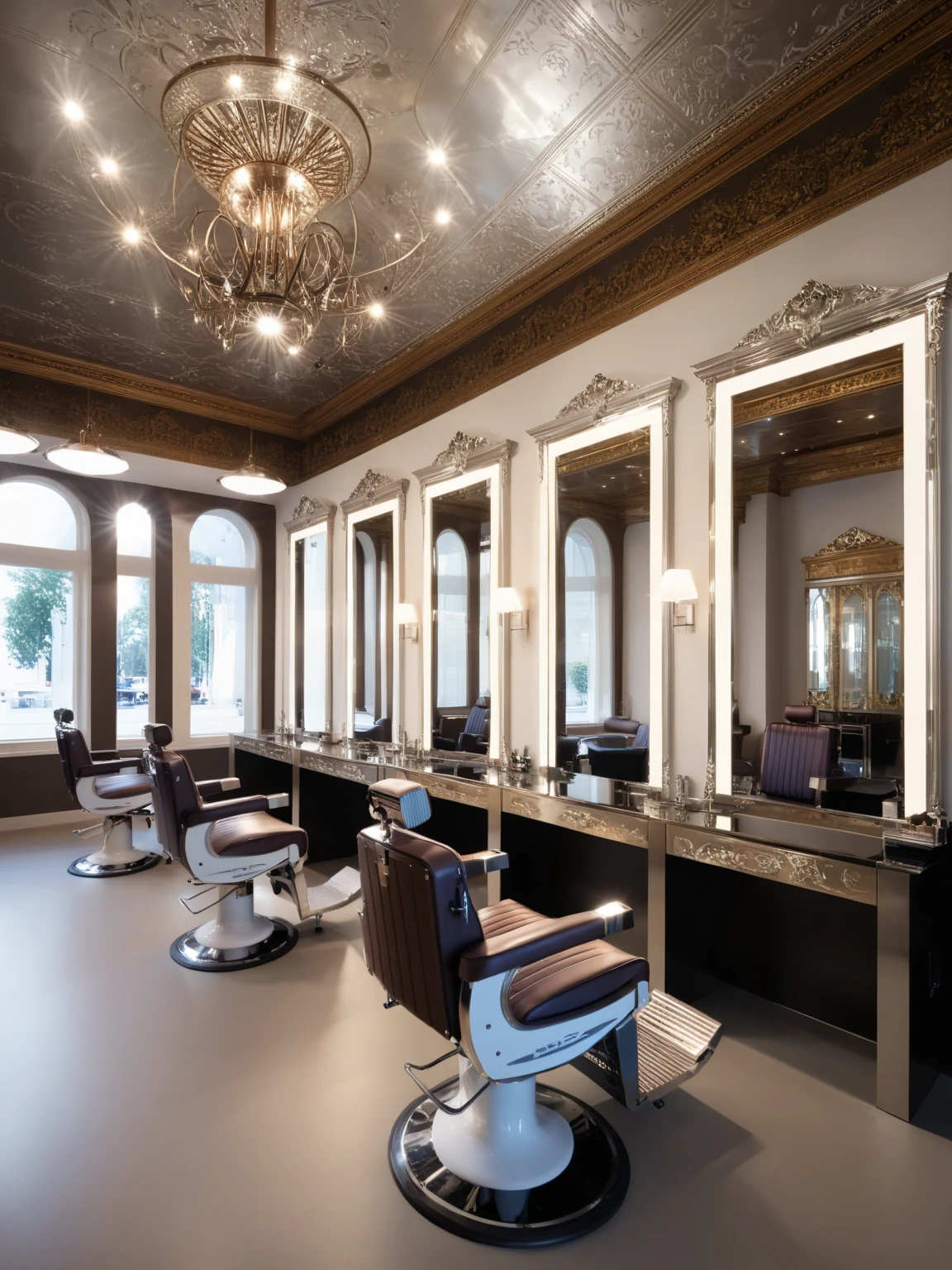 Renaissance style <lora:JJsBarbershop_XL:1>,((Barbershop)),  indoor,  chair, mirror, (masterpiece),(high quality), best quality, (realistic), , soft lighting, ceiling light,seats,highly detailed, no humans. 35mm photograph,no humans,  reflection, stainless, . Realistic, perspective, light and shadow, religious or mythological themes, highly detailed