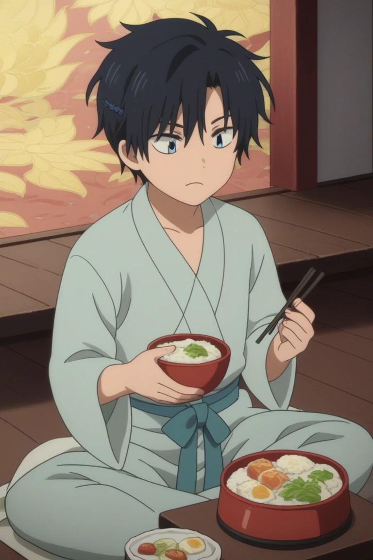 score_9, score_8_up, score_7_up, score_6_up, masterpiece, best quality, amazing quality, best aesthetic, absurdres, intricate details,
hak_kd, black hair, blue eyes, 1boy, eating, male focus, food, japanese clothes, chopsticks, sitting, kimono, bowl, indian style, solo<lora:EMS-452661-EMS:1.000000>