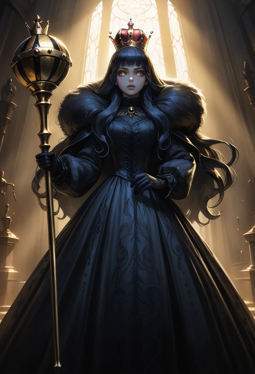 (realistic:0.5) cgi Quasarcake wallpaper 4k 8k high-resolution Solo bee-girl queen Solo (opulent-crown) long-hair (black-hair) looking-at-viewer black-lips yellow-eyes long-sleeves goth (black-dress/high-neck-dress/long-skirt) long-sleeves fur-trim black-and-yellow-stripes holding-scepter
absurdres highly-detailed best-quality masterpiece amazing-shading cinematic-lighting detailed-illustration