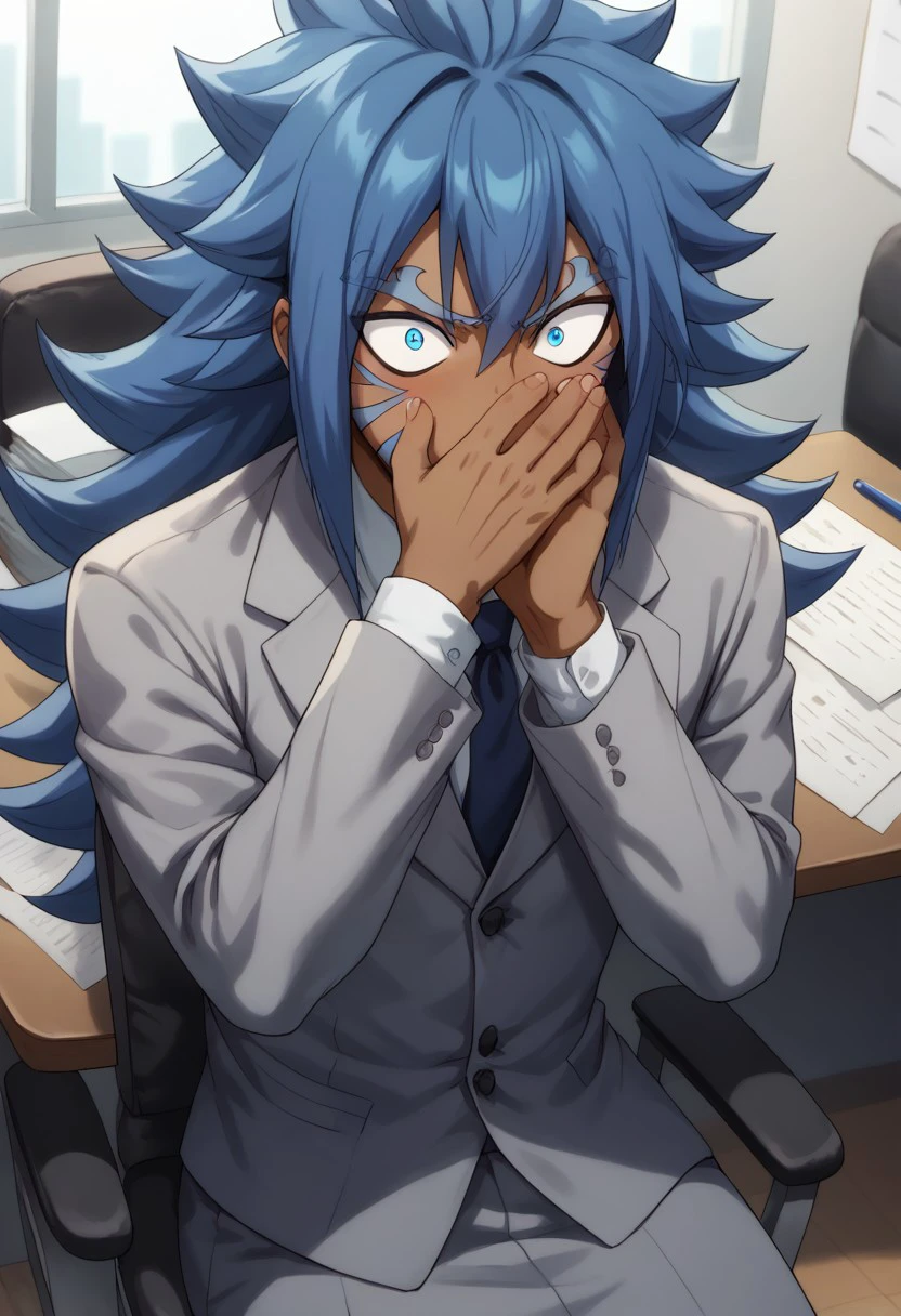 score_9, score_8_up, score_7_up, source_anime, rating_safe, office desk, 1hand on face, AcnologiaFT, blue Acnologia hair, blue Acnologia facepaint, 1boy, male focus, formal business suit, wide eyed, sweating, covering mouth, sitting, panicking, blurry indoor office, papers, office chair, from above, hands with five fingers,