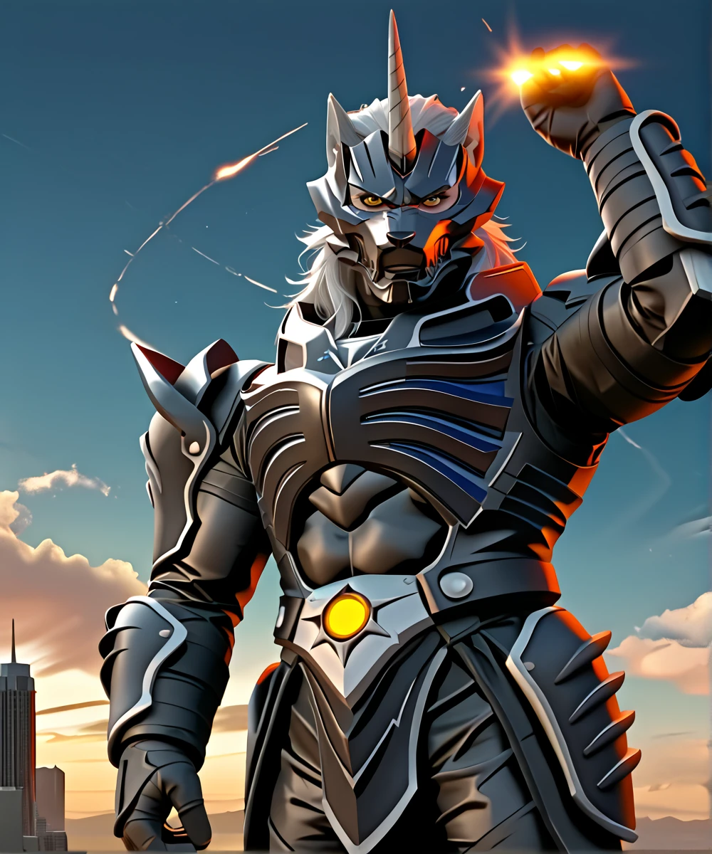 score_9_up,score_8_up,score_7_up,
<lora:Zen_Aku_(Power_Rangers_Wildforce)_(Pony)_(AD):1> Zen Aku, power rangers wildforce, evil, villain, demon, wolf, armor, wolf theme, single white horn on head, wolf themed helmet, wolf themed mask, yellow eyes, muscular, 
8K, spectacled light, In'ei, highly detailed, Masterpiece, best quality, beautiful details, crisp, chiaroscuro, insanely detailed, digital media (artwork), internal subsurface reflections, masterclass color theory, depth of field, clear_eyes, depth of field, side lighting, 
perfect hands, perfect proportions, large shoulders, wide thick chest, thick upper body, thick arms, thick legs, thick thighs, bara, 
8K, perfect proportions, perfect hands, scenery background, volumetric lighting, science fiction setting, elite warrior, science fiction, futuristic city, cityscape, destroyed city, apocalyptic setting, destruction absolute, collapsed buildings, very aesthetic, dynamic pose, absolute unit of a fighter, dominating, mocking expression, powerful and mighty, evil, villain, overwhelming brutality, strength embodiment, power overwhelming, night, dark lord, duke org, end boss, dark background, evil aura, glowing hair, soft grey hair, majestic, hyper powerful, masterclass anime, artistic glowing light, dark grey fur, dark grey skin, flawless armor, glistening black metal armor, intricately detailed armor, black latex underarmor bodysuit, flawless body, detailed kemono hair, hulking badass warrior, dynamic perspective, official video game screenshot in the style and quality of Final Fantasy 16, masterclass official Power Rangers artwork, absurdly detailed, 
BREAK zPDXL, zPDXLxxx, unaestheticXLv1, detailxl,