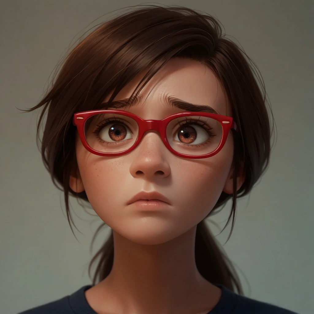 score_9, score_8_up, score_7_up, score_6_up, score_5_up, score_4_up, 1girl, Ji_llA, red framed eyewear, ponytail, portrait, concerned look