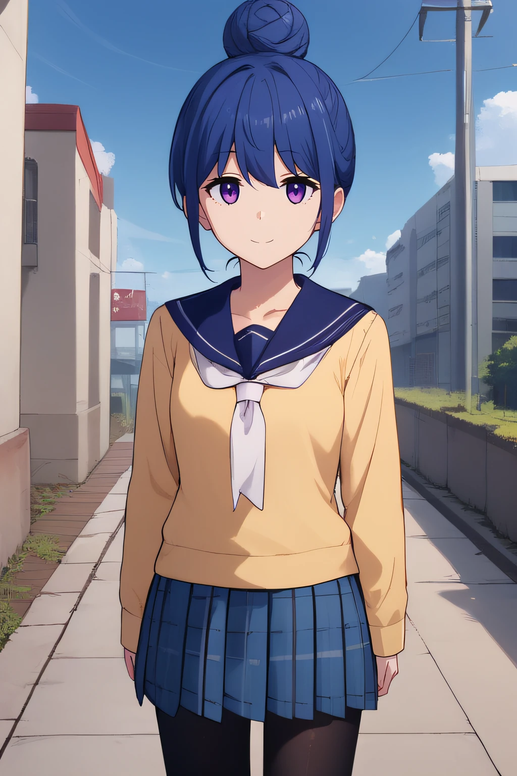 score_9, score_8_up, score_7_up, source_anime, rating_safe, intricate details, 1girl, <lora:PONY_Rin:1>, rin, blue hair, purple eyes, standing, looking at viewer, cowboy shot, school uniform, white neckerchief, plaid skirt, single hair bun, yellow sweater, blue sailor collar, black pantyhose, pleated skirt, arms at sides, expressionless, smile, five fingers, <lora:A_Vivid_PonyDif:0.8>, vividpony, outdoor