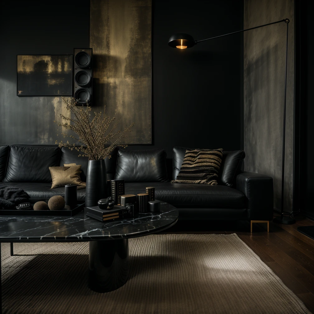 photography, photography, black living room, black leather sofa, dark brown wool pillows, (old black wooden floor), black metallic marble table, (black rough carpet), black and gold table decorations, black gold wall, black modern floor lamp, black ceiling, natural light, wide shot, (black color), <lora:MM2-BLACK LIVINGROOM:0.3>, RAW photo, subject, 8k uhd, dslr, high quality, film grain, Fujifilm XT3