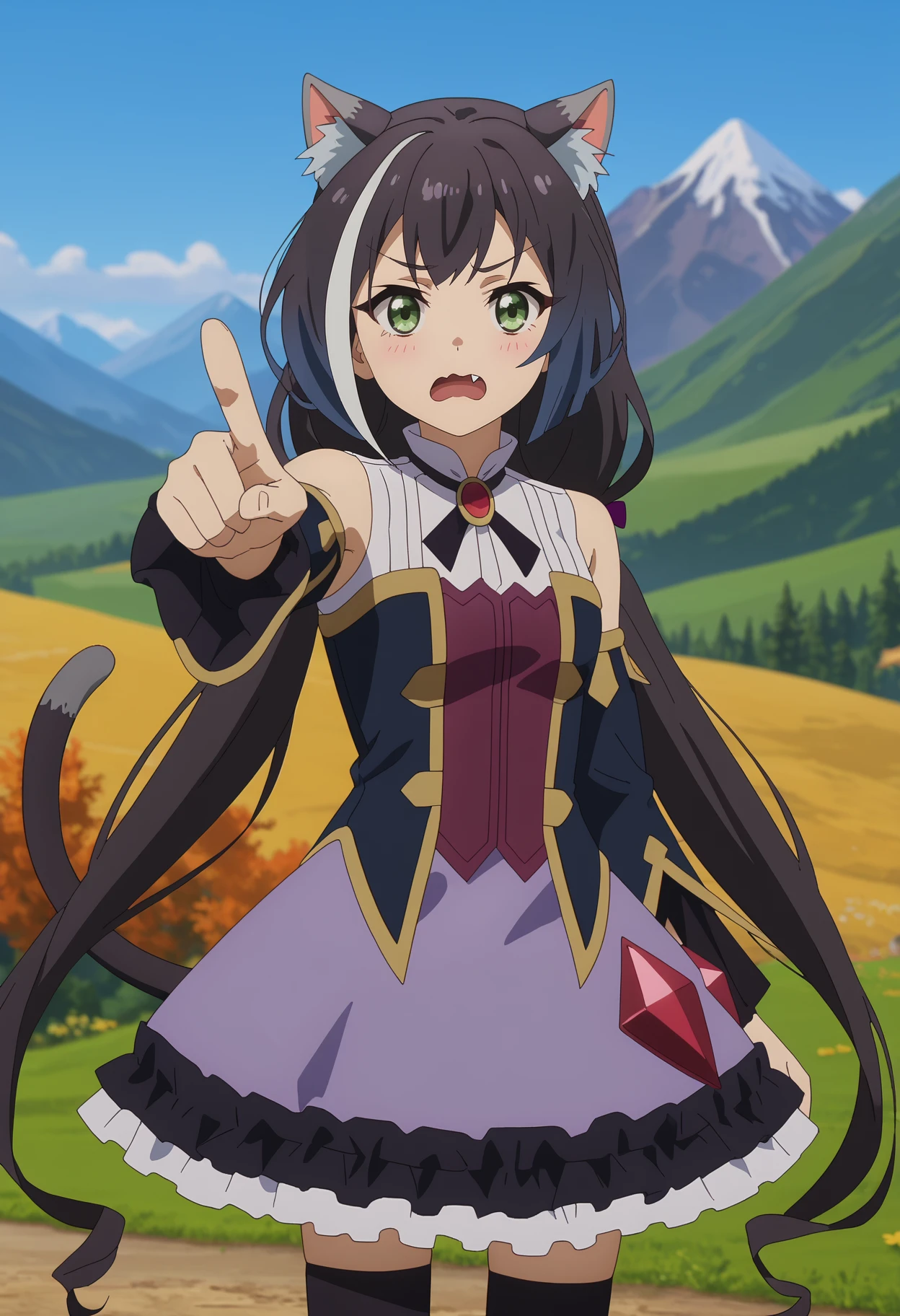 score_7_up, anime screencap,
<lora:PrincessConnect_KarylXL:0.9>,
1girl, solo, wavy mouth, open mouth, fang,
long hair, streaked hair, black hair, white hair, low twintails, green eyes, cat ears, cat tail,
KarylDress, multicolored dress, brooch, detached sleeves, gold trim, frilled skirt, purple skirt, black thighhighs,
pointing at viewer, standing, looking at viewer,
blurry background, mountains, scenery