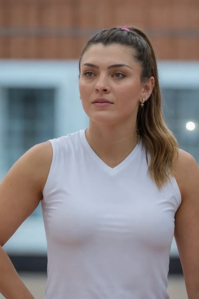 Portrait photo of r0s4m4r14 woman, (light bokeh), white tshirt, detailed face