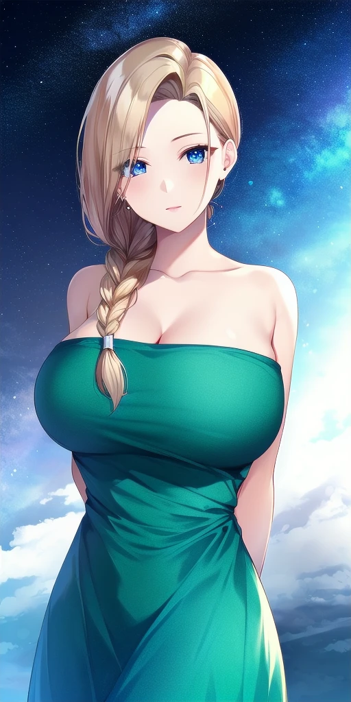 <lora:BiancaWhitakerV5:0.7> Bianca_Whitaker_single_braid, huge_breasts, standing, solo, arms_behind_back,  starry_sky, green_strapless_short_dress, masterpiece, best_quality, detailed_face, detailed_eyes, highres, beautiful, detailed, absurdres,