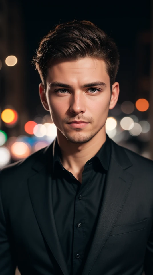 closeup face photo of caucasian man in black clothes, night city street, bokeh