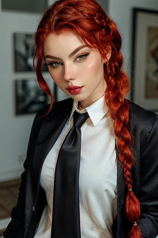 Editorial Photography, Photography, Portrait, DSLR, F/2.8, (High quality), (masterpiece), (upper body), (detailed), 8K, fegalvao, (red hair, braided hair), (yellow eyes),  parted lips, (white collared shirt, tucked in shirt, black necktie, black jacket, black formal pants, loafers), <lora:add_detail:0.65> <lora:style_lora_r51_update_out:0.45> , <lora:Fegalvaov2:0.95>