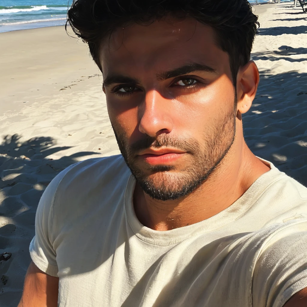 photo of a man,m4th3us, bright shadows, sunlight directly in face, wearing a casual outfit, instagram selfie, at a beach, looking directly at viewer, frontview,  <lora:matheus:.9>