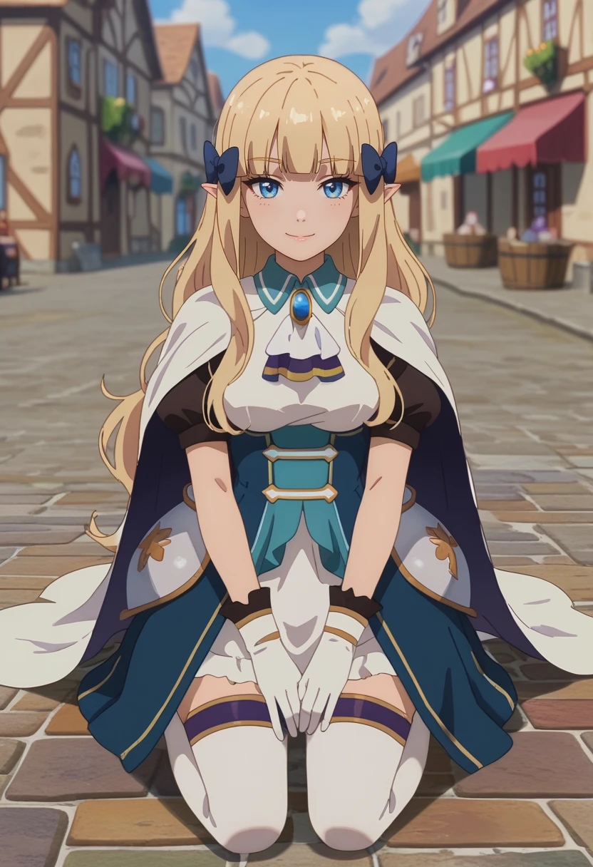 score_7_up, anime screencap,
<lora:PrincessConnect_SarenXL:0.9>,
1girl, solo, closed mouth, light smile,
long hair, blonde hair, blunt bangs, blue eyes, blue pupils, hair bow, pointy ears,
SarenDress, multicolored dress, ascot, brooch, puffy short sleeves, white cape, white gloves, white thighhighs,
kneeling, looking at viewer,
blurry background, medieval, town, street