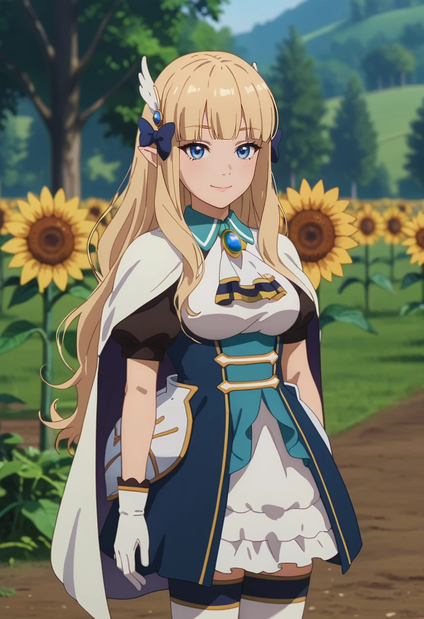 score_7_up, anime screencap,
<lora:PrincessConnect_SarenXL:0.9>,
1girl, solo, closed mouth, light smile,
long hair, blonde hair, blunt bangs, blue eyes, blue pupils, hair bow, pointy ears,
SarenDress, multicolored dress, ascot, brooch, puffy short sleeves, white cape, white gloves, white thighhighs,
standing, looking at viewer,
blurry background, farm field, tree, sunflower