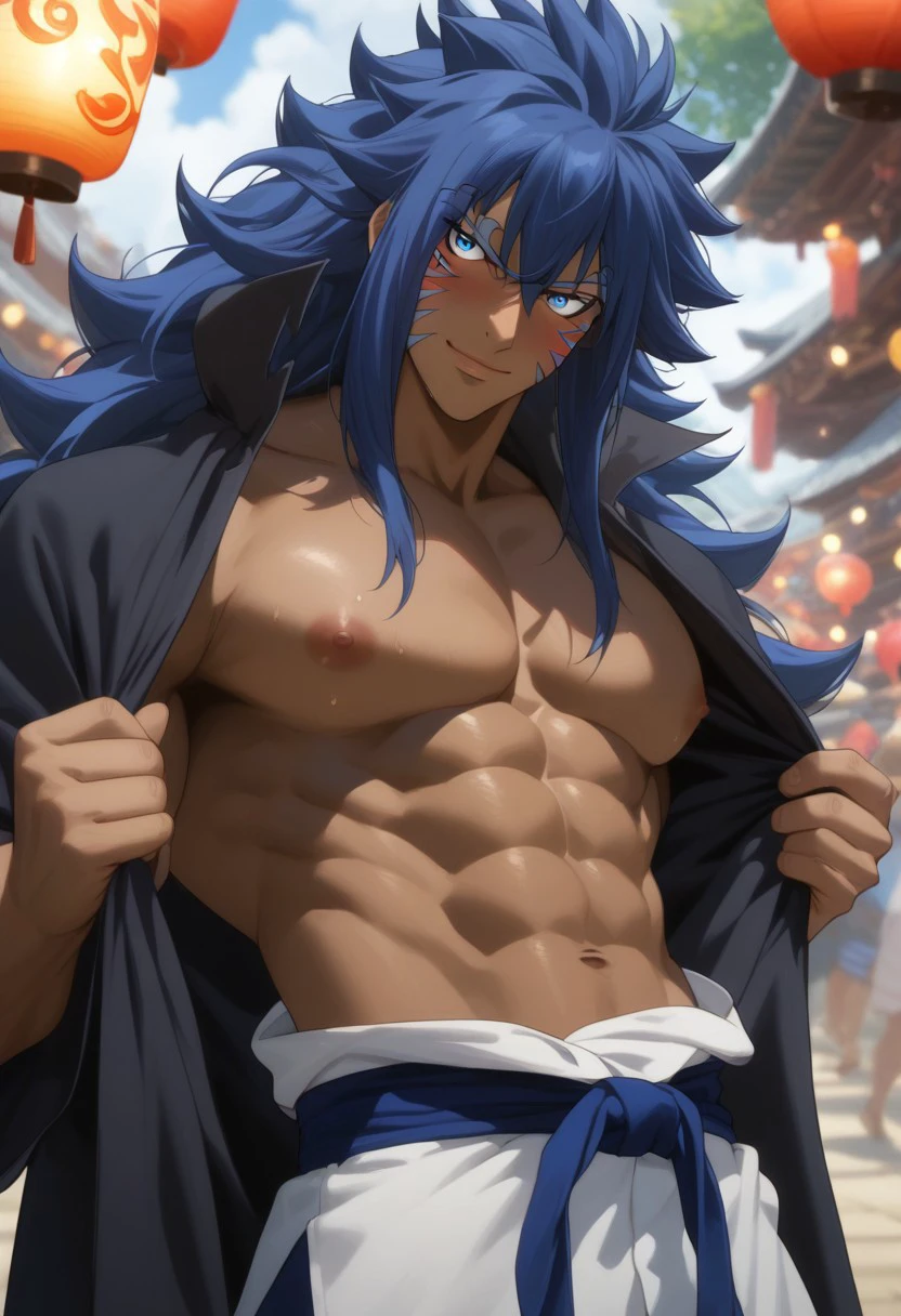 score_9, score_8_up, score_7_up, source_anime, rating_explicit, pulling own yukata, pecs, AcnologiaFT, blue Acnologia hair, blue Acnologia facepaint, 1boy, male focus, [[[anime screencap]]], nipples, closed mouth, smile, head tilt, blushing, blurry outdoor lantern festival, food stalls, warm bokeh, realistic lighting, Expressiveh, from below, hands with five fingers,