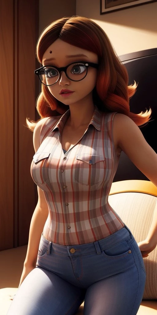 Hyperrealistic, photorealistic, super detailed, plaid shirt, gray jeans, perfect face, grayish gold eyes, black rimmed glasses with a white spot on each side, mole above her forehead, wavy and reddish-brown ombre growing slightly past her shoulders and having brilliant tangelo tips, heart-shaped lips, body like in real life, large pores, brown skinned, beautiful arms, little breasts, unreal engine, octane render, droped shadow, bokeh, cinematic lighting, Alya Cesaire, <lora:add_detail:0.5>, <lora:Volumetric_lighting:0.6> , <lora:87d2bb00-c115-49a1-a896-0eb62b77500d:0.7>