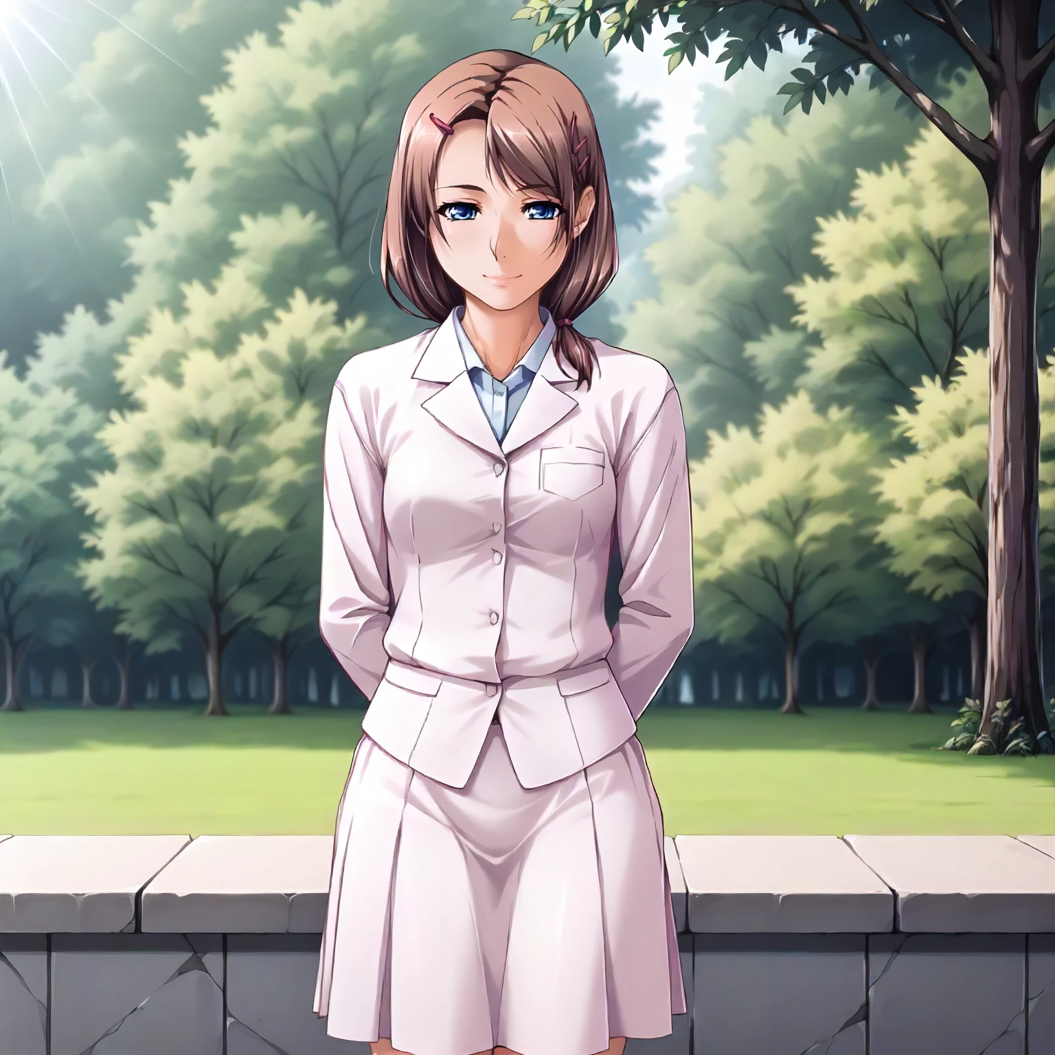 <lora:SDG_AzusaTakaiXLpony001>,
outdoors,nature,
smile,half-closed eyes,
solo,
AzusaTakai,1girl,brown hair,hairclip,low ponytail,blue eyes,
standing,
collared_shirt,white skirt,