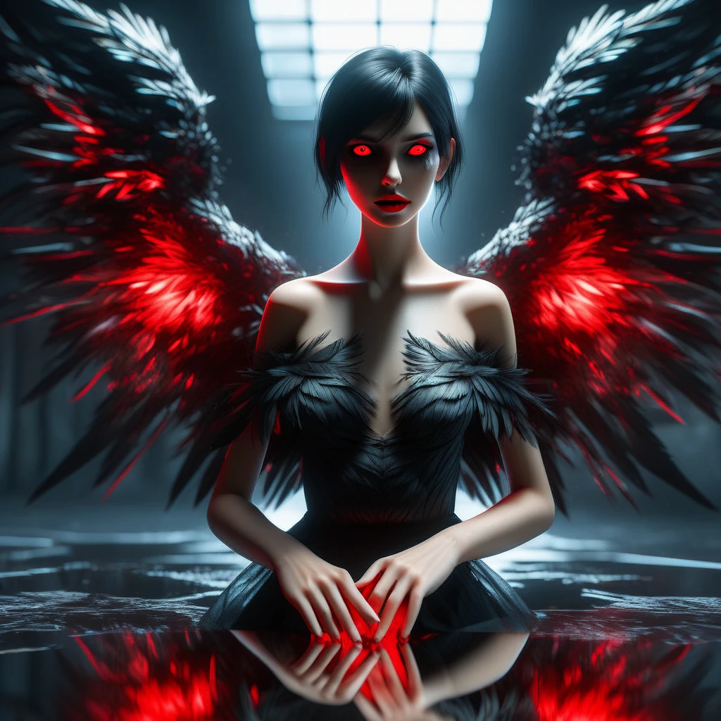 female fallen angel, breasts, cleavage, wings, red eyes, pov, looking at viewer, solo focus, black hair, overlapped hands, dress, bare shoulders, feathered wings, reflection, lips, black dress, pov hands, feathers, short hair, black wings, glowing, collarbone, out of frame, pale skin, red bioluminescence, no humans, closed mouth,