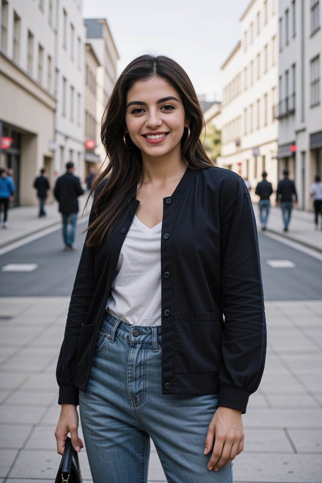 RAW photo of Isaura Ojeda in casual clothes, little smile, realistic, city streets