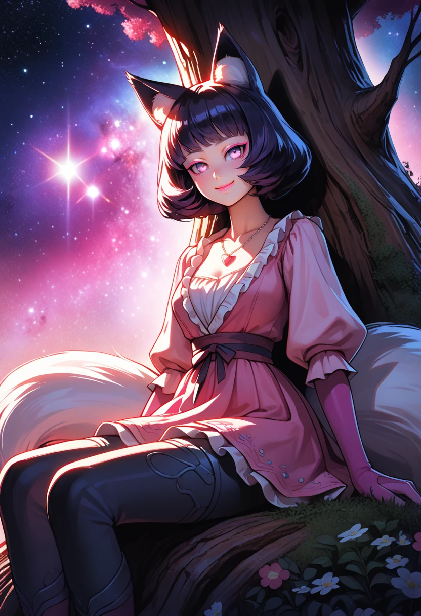 (semirealistic:0.5) (Quasarcake:0.7) (Ssambatea:0.5) wallpaper 4k 8k high-resolution portrait sitting-on-tree-stump woman pink-dress fox-ears fox-tail long-skirt leggings smile pink-eyeliner pink-lips pink-lipstick jitome (Pink-Galaxy-background/Pink-Sky-Background) flower-garden heart-shaped-necklace
absurdres highly-detailed best-quality masterpiece amazing-shading cinematic-lighting detailed-illustration
