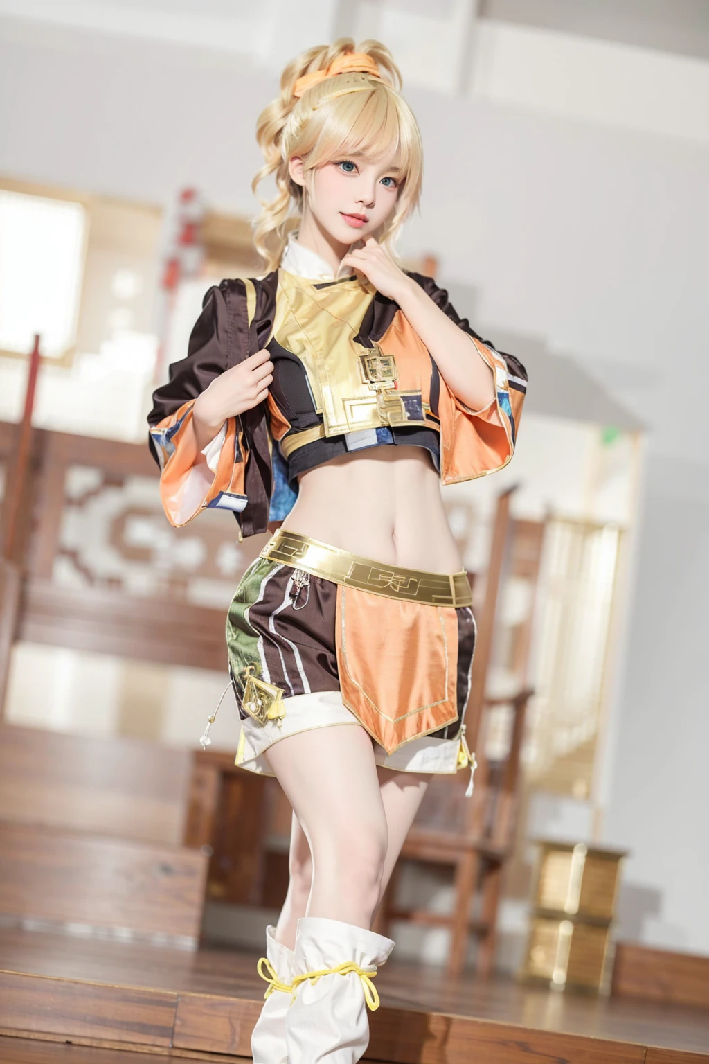 (masterpiece:1.2),best quality,8k, 4k, ultrarealistic,HD,UHR,8K,Studio lighting,(realistic),narrow waist,slender,petite,(natural skin), (textured skin),looking at viewer,fair skin, good figure,looking at viewer,Chinese garden,(huge breasts:1.3),(sexy),(ulzzang-6500-v1.1:1.1),(fair skin:1.1),1girl, hair ornament,full body,looking at viewer, midriff, navel, solo, ,jixiaoman, blonde hair, shorts, solo, blue eyes, leg warmers, black jacket, midriff<lora:jixiaoman:0.8>