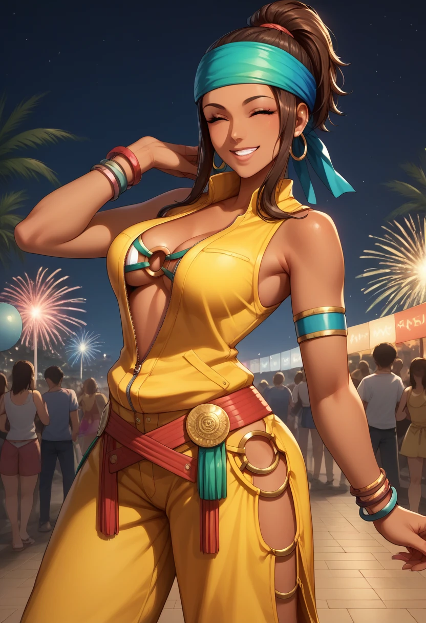 score_9, score_8_up, score_7_up, score_6_up, source_anime BREAK <lora:ZarinaKOF:0.9>, ZarinaKOF, dark-skinned female, brown hair, hoop earrings, high ponytail,  headband, yellow sleeveless vest, open clothes, o-ring, yellow chaps,  armlets, multiple bracelets, breasts, carnival, smile, looking at viewer, night, dance, eyes closed,