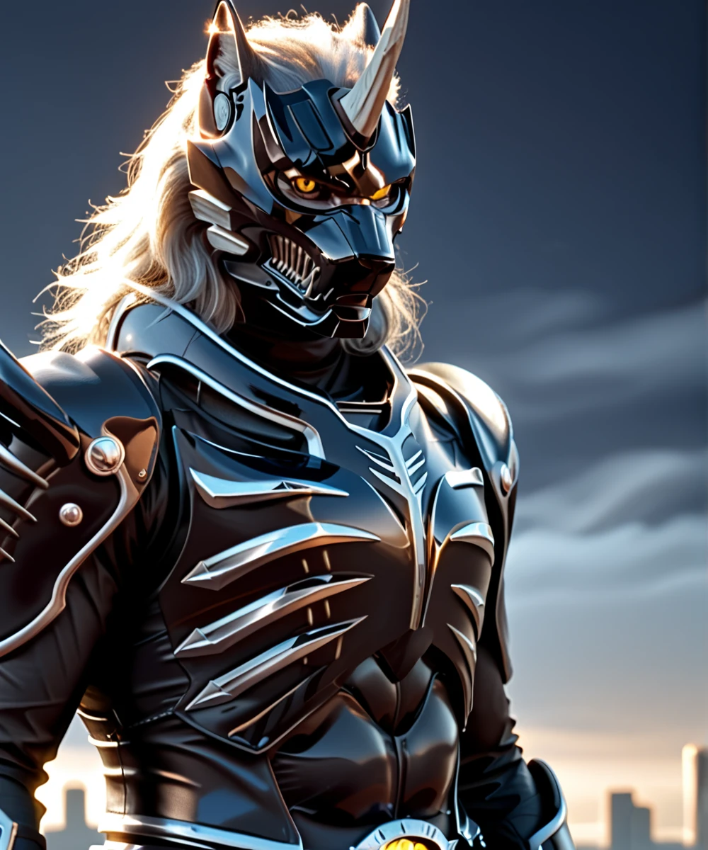 score_9_up,score_8_up,score_7_up,
<lora:Zen_Aku_(Power_Rangers_Wildforce)_(Pony)_(AD):0.8> Zen Aku, power rangers wildforce, evil, villain, demon, wolf, armor, wolf theme, single white horn on head, wolf themed helmet, wolf themed mask, yellow eyes, muscular, 
8K, spectacled light, In'ei, highly detailed, Masterpiece, best quality, beautiful details, crisp, chiaroscuro, internal subsurface reflections, rim lighting, atmospheric layering, 
8K,  scenery background, science fiction setting, ((dark background, detailed background, night)), futuristic city, cityscape, dynamic perspective, official screenshot in the style and quality of Power Rangers, masterclass anime, absurdly detailed, elite warrior, majestic, hulking badass awesome warrior, absolute unit of a fighter, dominating, hyper powerful, powerful and mighty, overwhelming speed and reflexes, strength embodiment, power overwhelming, thick powerful muscular body, muscles are bulging from being so powerful, dynamic fighting pose, serious fighting expression, head tilted to look at viewer, upper body turned toward viewer, majestic and dashing dark villain, duke org, glowing hair, soft grey hair, dark grey fur, dark grey skin, dark area around the eyes, flawless body, detailed kemono hair, perfect proportions, perfect hands, flawless armor, glistening black metal armor, intricately detailed armor, black matte leather bodysuit, in the name and glory of Satan, Hail Satan!, 
BREAK zPDXL, zPDXLxxx, unaestheticXLv1, detailxl,