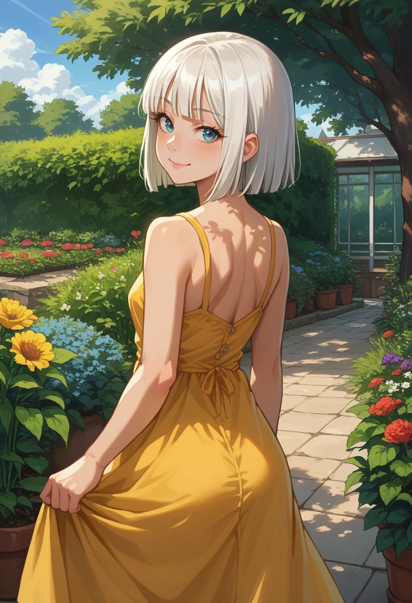 score_9, score_8_up, source_anime, 1girl, solo, GinaBoyd, short hair, bob cut, white hair, from behind, yellow sundress, garden, day, sunshine, smile, looking back, <lora:ChamGinaBoydPonyXL:1>