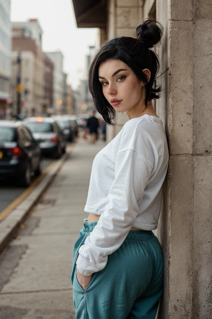 Editorial Photography, Photography, Portrait, DSLR, F/2.8, (High quality), (masterpiece), (upper body), (detailed), 8K, looking at viewer, Fegalvao, [outside], (short hair, black hair, hairbun, sidelocks), (freckles), (oversized shirt, baggy pants, white shoes, sneakers), <lora:add_detail:0.65> <lora:style_lora_r51_update_out:0.45> , <lora:Fegalvaov2:0.95>