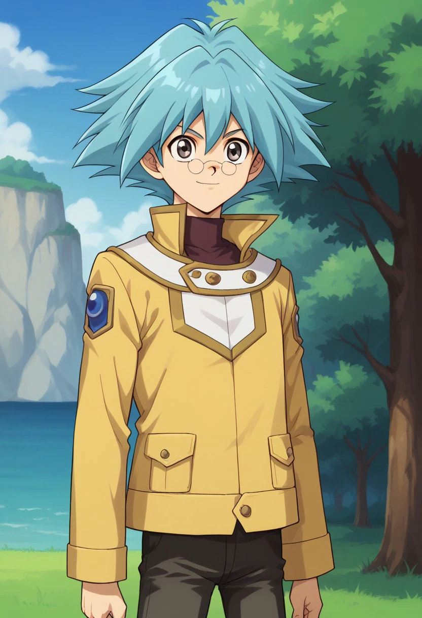 score_9, score_8_up, score_7_up, source_anime, highly detailed,
ShoMarufuji, solo, 1boy, male focus, glasses, smile, blue hair, spiked hair, grey eyes,
pince-nez, pants, ra yellow uniform, yellow jacket, black pants, long sleeves, upper body,
outdoor, sky, tree