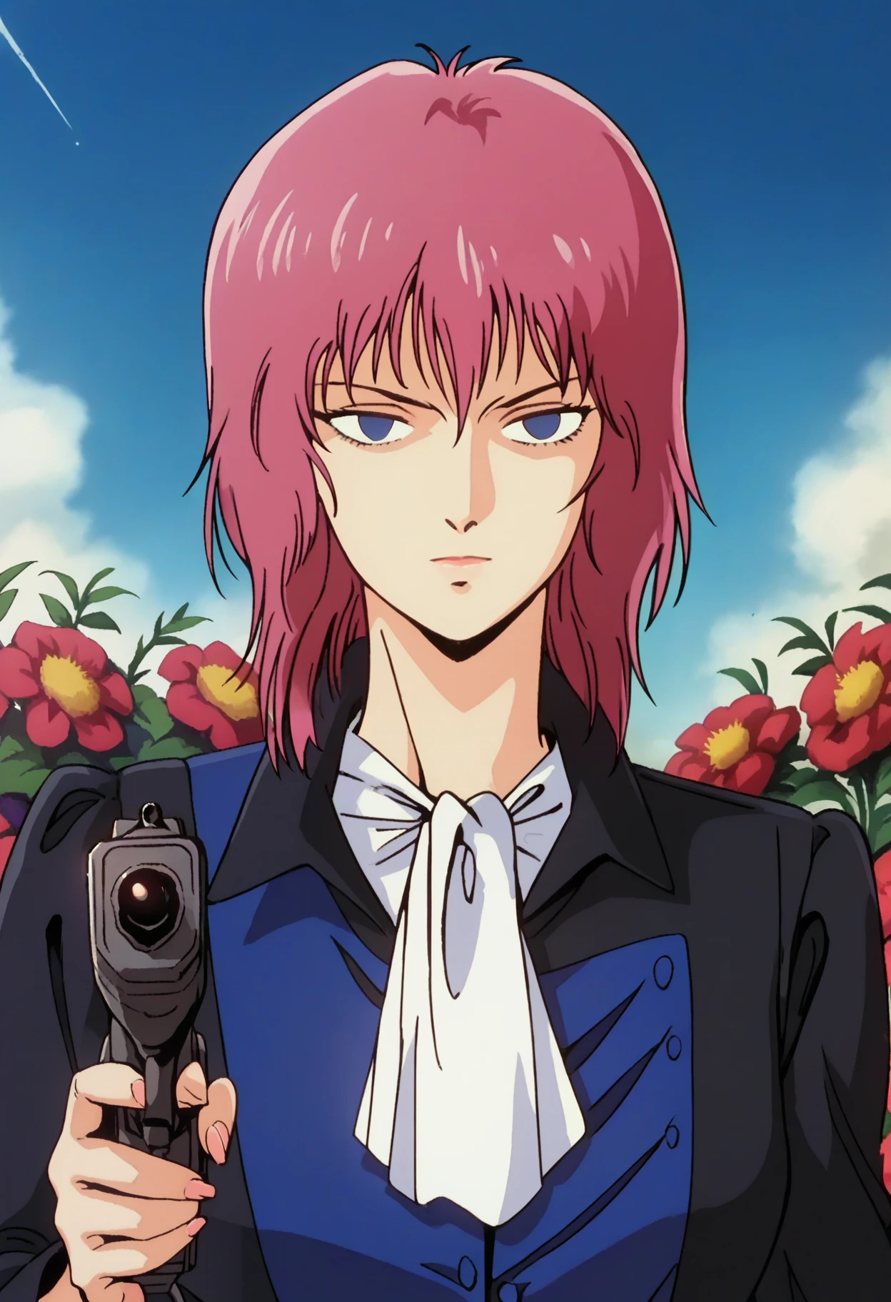 score_9, score_8_up, score_7_up, score_6_up, source_anime, <lora:HamanKarn:0.7>, HamanKarnSOL, pink hair, medium hair, blue eyes, empty eyes,
white ascot, dress, formal,
looking at viewer, upper body, holding gun, handgun, 
BREAK, blue sky, flower, garden,