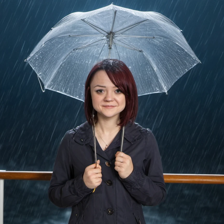 a professional absurdres hyper-detailed sharp focus photograph of 1woman 
Kathryn_Prescott with a gentle smile standing in an electrical storm on the deck of a cruise ship holding an umbrella which is a really bad idea,
<lora:Kathryn_Prescott-SDXLe12:1.0>