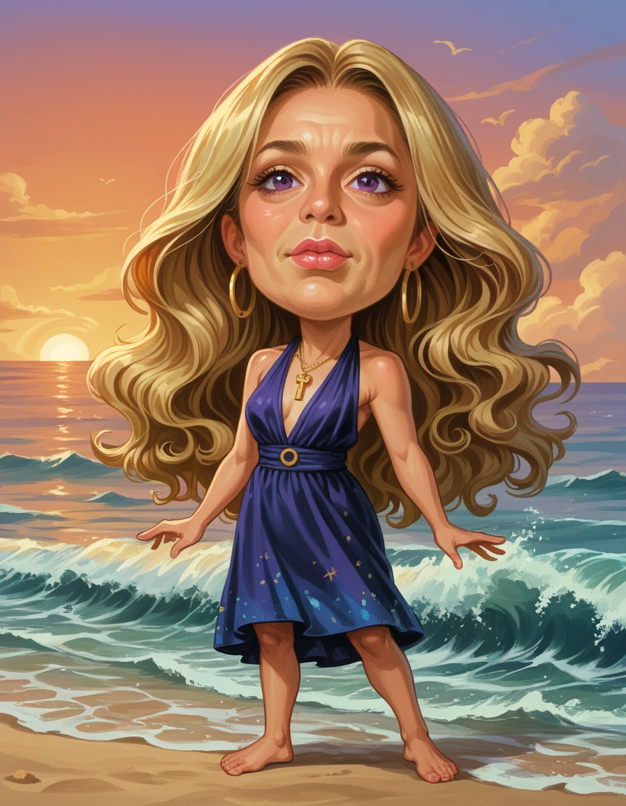 score_9, score_8_up, score_7_up, score_6_up, score_5_up, score_4_up, 1girl, Starlet, Short, Slim, Square Face, Tan Skin, Honey Blonde Hair, purple Eyes, Long Nose, Full Lips, Sharp Chin, Long Hair, Straight Hair, Beach Waves, natural breasts, Hoop earrings, grape stain lipstick, floating, direct, key light, sunrise/sunset<lora:hud_c4ric4ture_Styl_XLP:0.8>, hud_c4ric4ture_Styl, chibi, full body