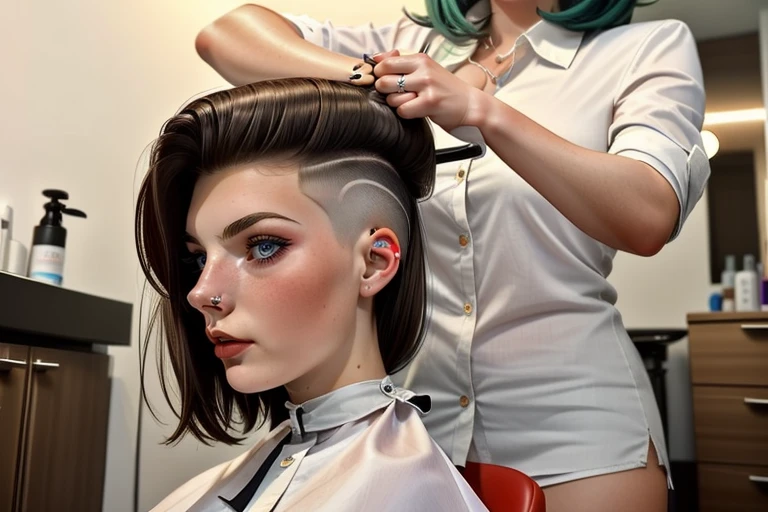 (masterpiece, high quality, best quality:1.2), ultradetailed, 8k, 1girl, ((female 20 years old Lily Kowalczyk getting an undercut <lora:sideshaveundercut:0.8> )),  (60s hair salon)