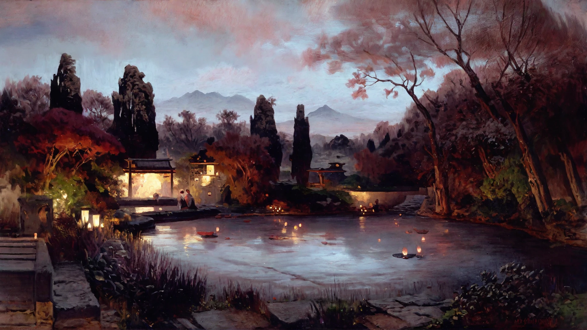 <lora:oswald-achenbach_pony_v1:1> 'Serene landscape' by achenbach oswald in 1900 painting \(medium\) landscape \(genre\) romanticism \(style\), Tranquil Japanese garden with a koi pond and traditional lanterns, score_9, score_6_up, score_7_up