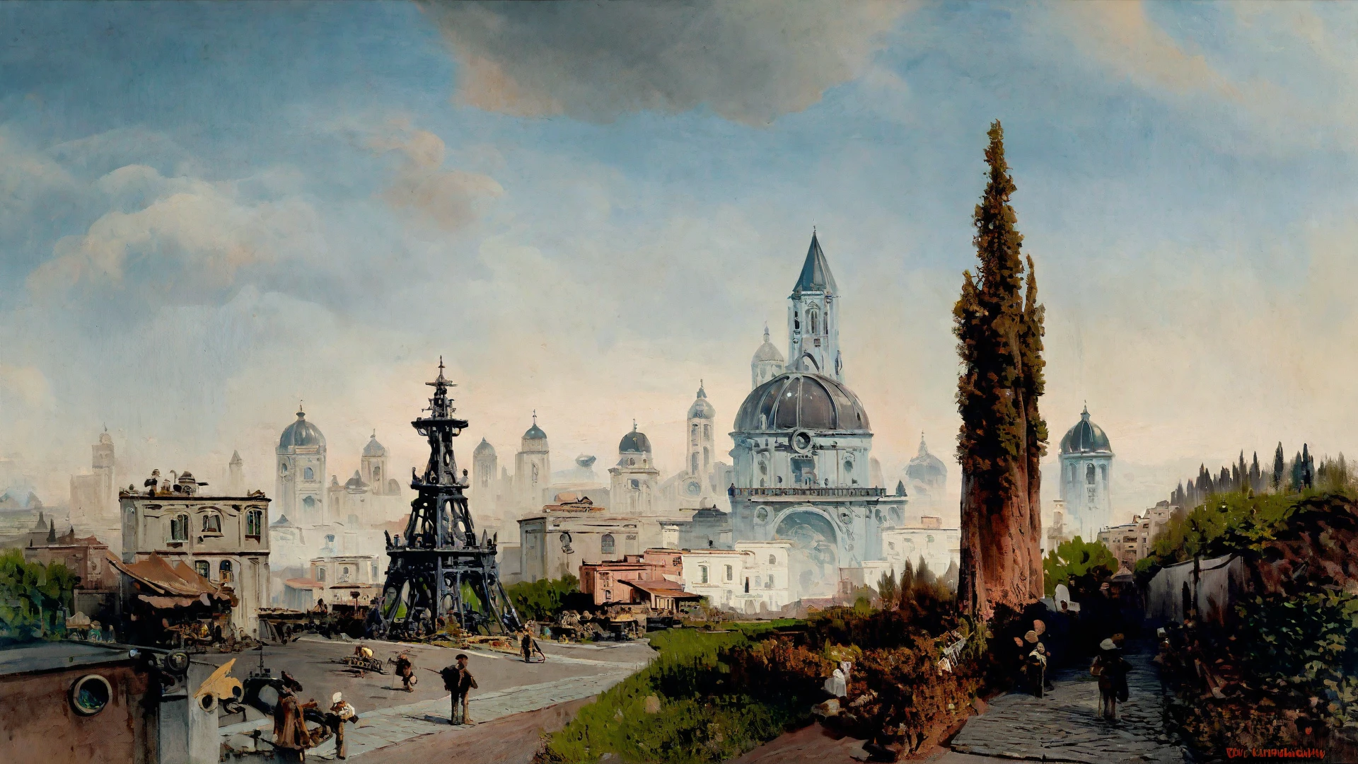 <lora:oswald-achenbach_pony_v1:1> 'Serene landscape' by achenbach oswald in 1900 painting \(medium\)cityscape \(genre\) romanticism \(style\)
, Steampunk Laboratory with Inventive Contraptions, score_9, score_6_up, score_7_up