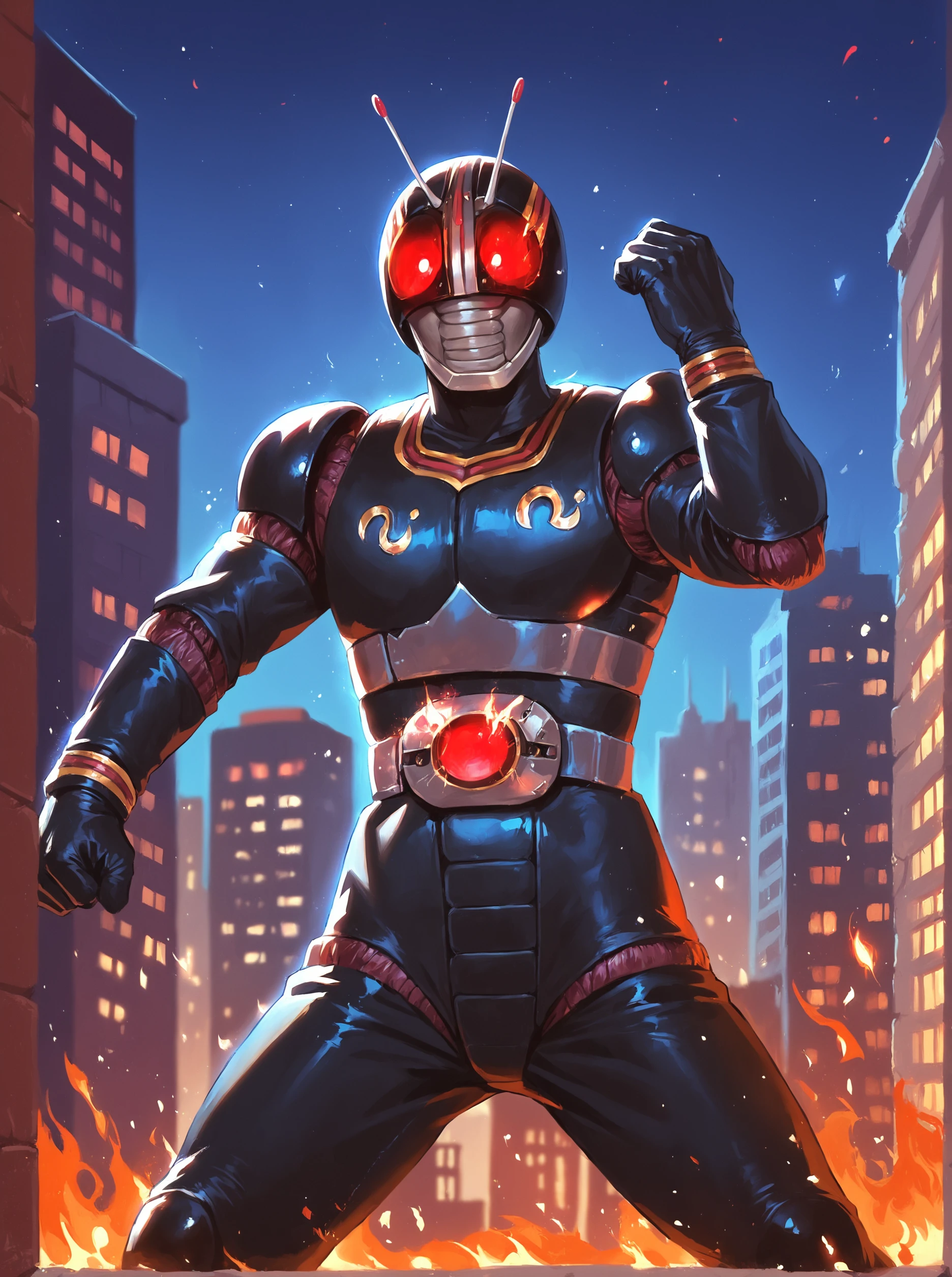 score_9, score_8_up, score_7_up, masterpiece, source_realistic, kamen rider, 1boy, male focus, solo, antennae,  glowing eyes, city, night, burned out body, dynamic pose <lora:sn0wStyle:1> <lora:HKHorrorXL:1>,    <lora:Kamen_rider_black_1987:1>