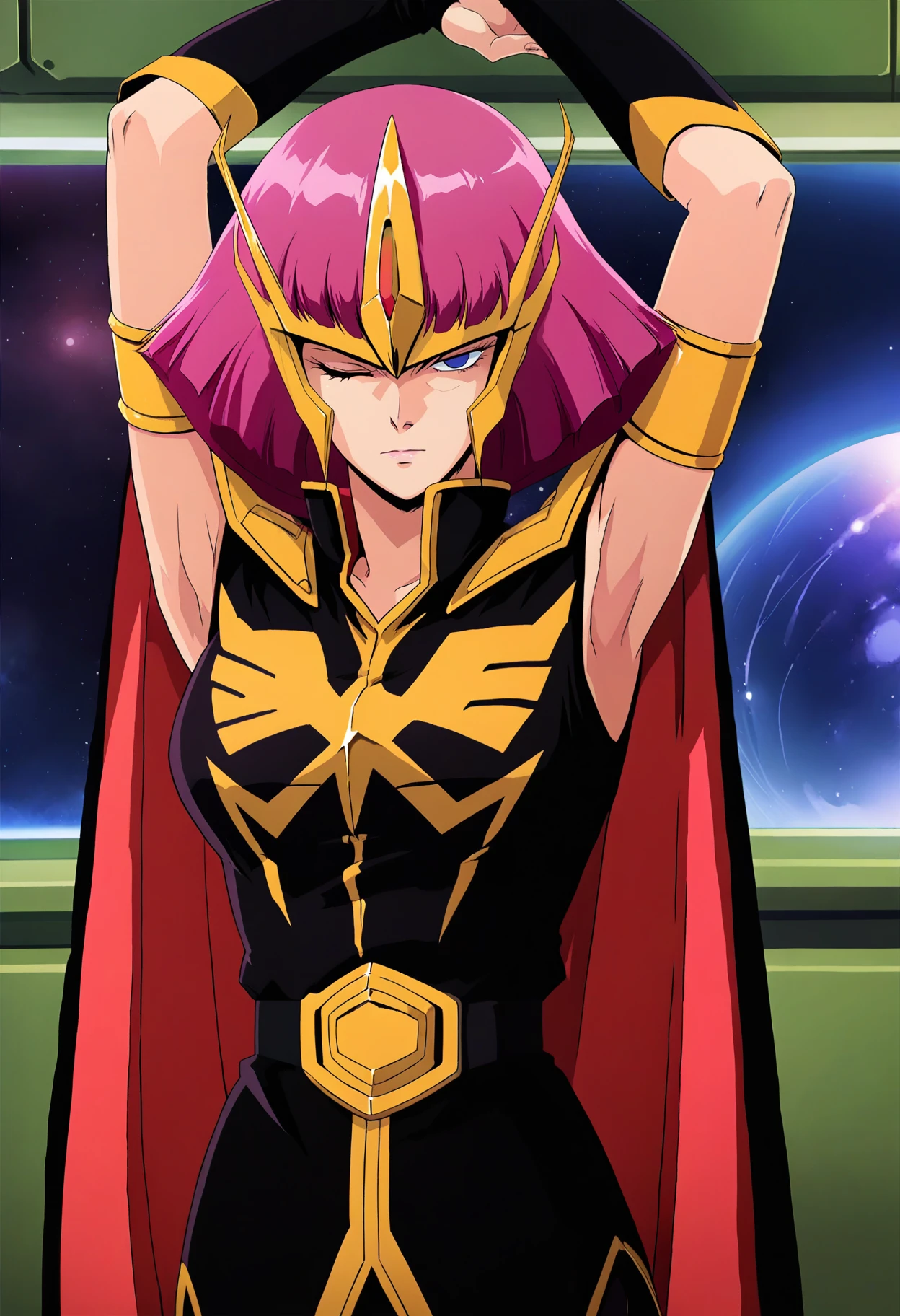 score_9, score_8_up, score_7_up, score_6_up, source_anime, <lora:HamanKarn:0.7>, HamanKarnZZ, pink hair, short hair, blue eyes, empty eyes, blunt bangs, 
mask, shoulder armor, uniform, sleeveless, cape, armlet, bridal gauntlets, black leggings, belt, close-up, 
armpits, one eye closed, upper body, stretching, arms up,
BREAK, space, indoors,