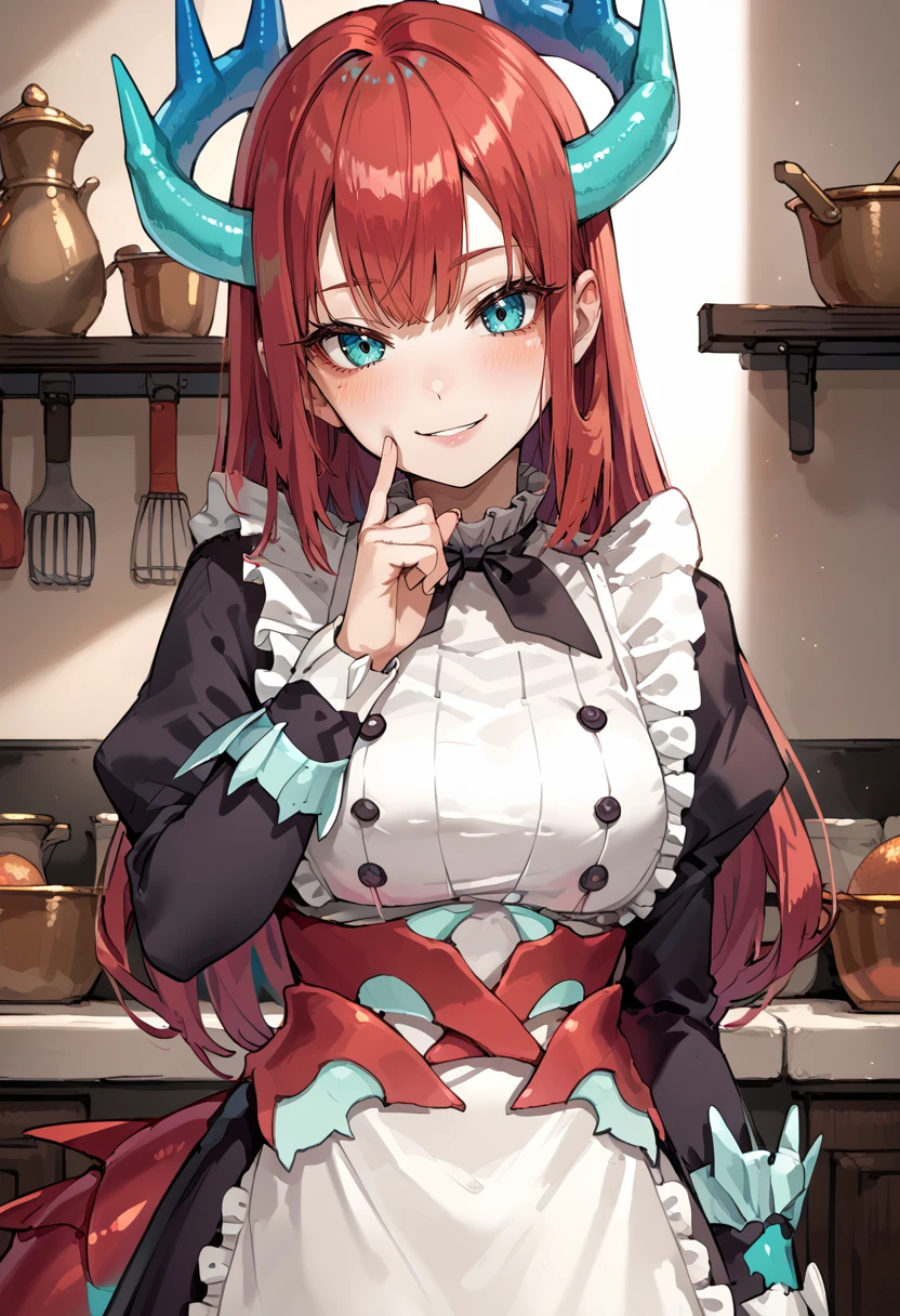 (score_9:0.9),score_8_up,score_7_up,rating_safe,anime style,(zPDXL),<lora:Kitchen Dragonmaid ponyXL v1:0.75>, kitchen dragonmaid, 1girl, solo, large breasts, smile, looking at viewer, maid clothes, finger to cheek, blush, kitchen