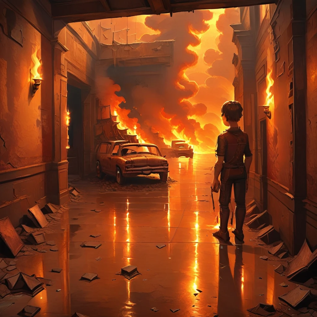 doorway, cloudy sky, tile floor, fantasy, vehicle focus, motor vehicle, short hair, puddle, broken glass, car, yellow, sun, torch, scenery, orange, lamppost, smog, cave, orange sky, burning, rubble, 1boy, standing, brown, debris, creepy, cable, 1other, dust, paper, chair, ruins