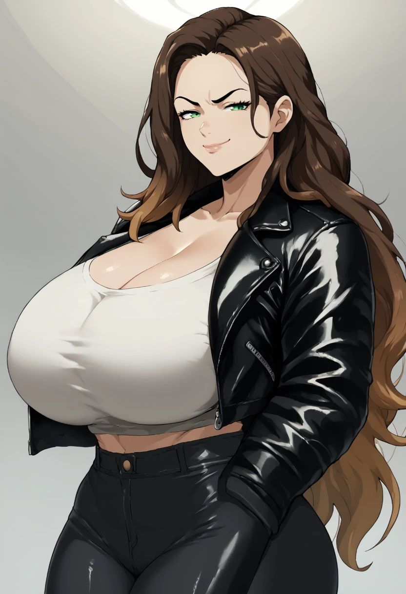 score_9, score_8_up, score_7_up, BREAK
1girl, beautiful, long hair, dark brown hair, gradient hair, leather jacket, green eyes, smug, huge breasts, <lora:PulenKompot-Pulpawoelbo_Style_PonyXL:1> pulpawoelbo