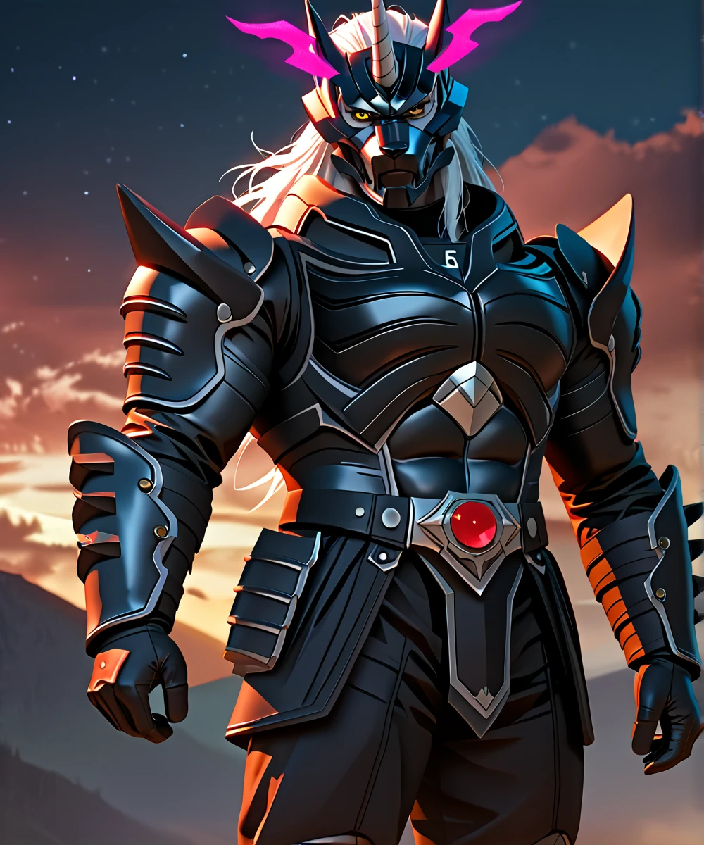 score_9_up,score_8_up,score_7_up,
<lora:Zen_Aku_(Power_Rangers_Wildforce)_(Pony)_(AD):0.8> Zen Aku, power rangers wildforce, evil, villain, demon, wolf, armor, wolf theme, single white horn on head, wolf themed helmet, wolf themed mask, yellow eyes, muscular, 
8K, spectacled light, In'ei, highly detailed, ominous eerie lighting, Masterpiece, best quality, beautiful details, crisp, chiaroscuro, anime style, 8K CGI anime, digital illustration, insanely detailed, digital media (artwork), internal subsurface reflections, masterclass color theory, depth of field, clear_eyes, depth of field, side lighting, 
perfect hands, perfect proportions, sexy hyper muscular body, cutting edge anatomy, broad shoulders, large shoulders, wide thick chest, thick upper body, large thick pecs, pectorals, collarbone, 6 abs, thick muscular neck, large biceps, thick arms, thick legs, thick thighs, peak physical perfection, perfect male physique, bara, 
8K, perfect proportions, perfect hands, scenery background, volumetric lighting, science fiction setting, elite warrior, cityscape, masterclass anime background, very aesthetic, dynamic pose, absolute unit of a fighter, dominating, mocking expression, powerful and unfair strikes, enjoys abusing his powers, evil, villain, overwhelming brutality, strength embodiment, power overwhelming, night, dark lord, duke org, end boss, dark background, glowing, glowing hair, soft white hair, majestic, hyper powerful, masterclass anime, artistic glowing light, latex underarmor, grey fur, flawless armor, flawless body, detailed kemono hair, hulking badass monster, 
BREAK zPDXL, zPDXLxxx, unaestheticXLv1, detailxl,