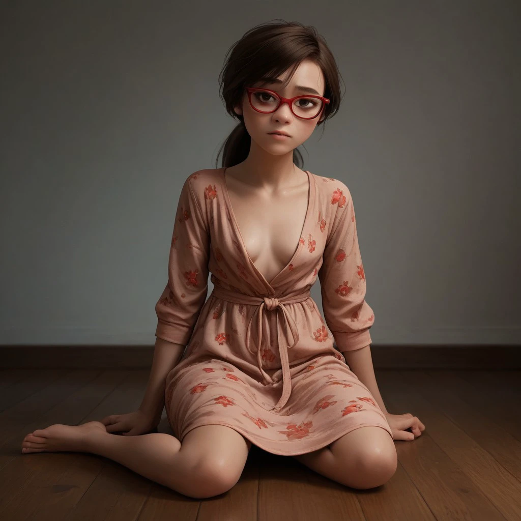 score_9, score_8_up, score_7_up, score_6_up, score_5_up, score_4_up, rating_explicit, 1girl, Ji_llA, red framed eyewear, ponytail, sitting on the floor, small saggy breasts, cleavage, large hips, sexy pose, loose dress