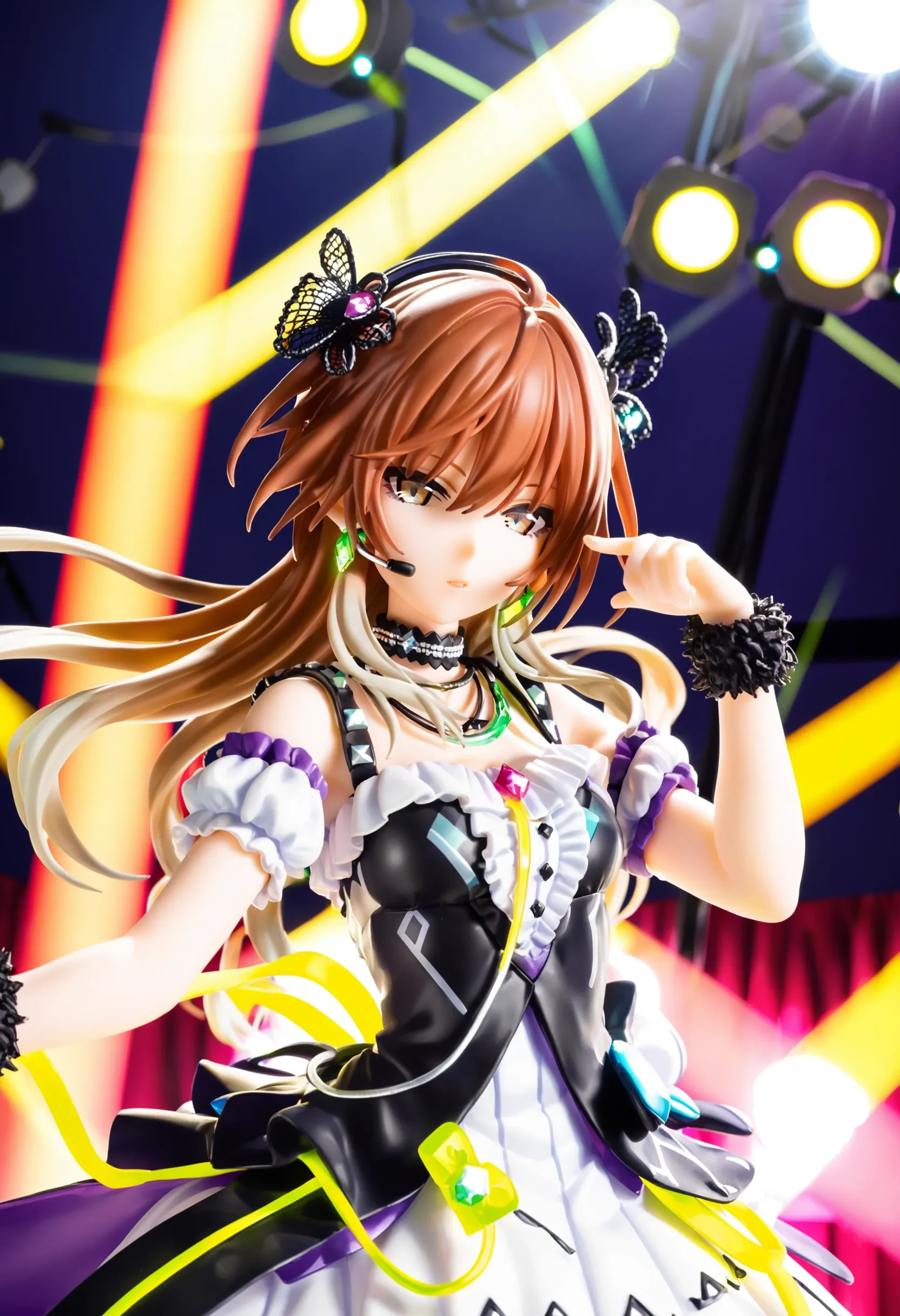 m_aketa, score_9, best quality,
1girl, solo, jewelry, earrings, looking at viewer, brown hair, multicolored hair, necklace, gradient hair, gem, long hair, fur trim, brown eyes, bangs, glint, hair between eyes, frills, expressionless, gradient eyes, parted lips, blonde hair
dynamic pose, glowstick, lights, bare arms, multicolored dress, boots, concert, detached sleeves, dress, idol, idol clothes, indoors, posing on stage, puffy detached sleeves, puffy short sleeves, puffy sleeves, short sleeves, solo focus, spotlight, idol concert, looking at viewer, headset, colorfull stage, stage lights, pillar, neon
<lora:m_aketaXL_pony:1>