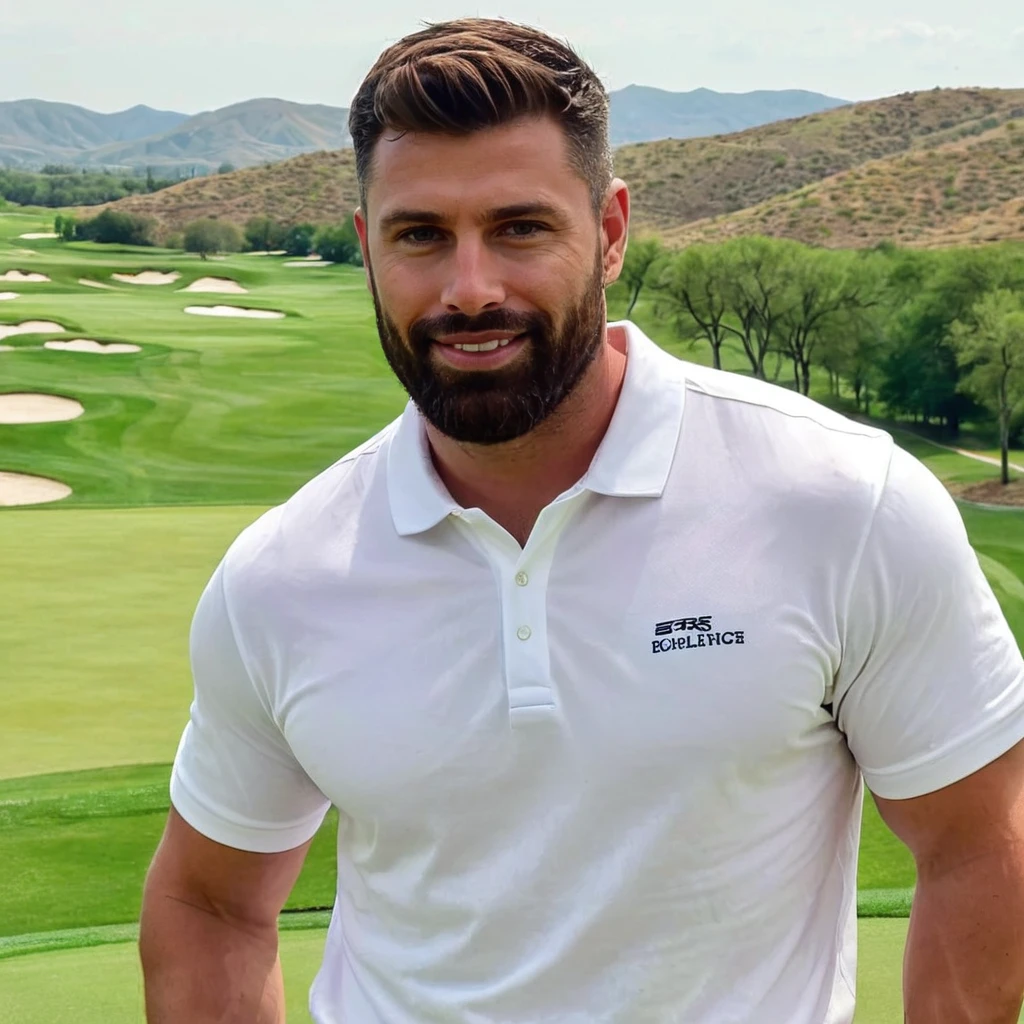 half body photo of a man,br4dl3y, beard, white polo shirt, (golf course with rolling hills), spring morning, slight smile, looking at viewer, frontview,  <lora:brad:.9>