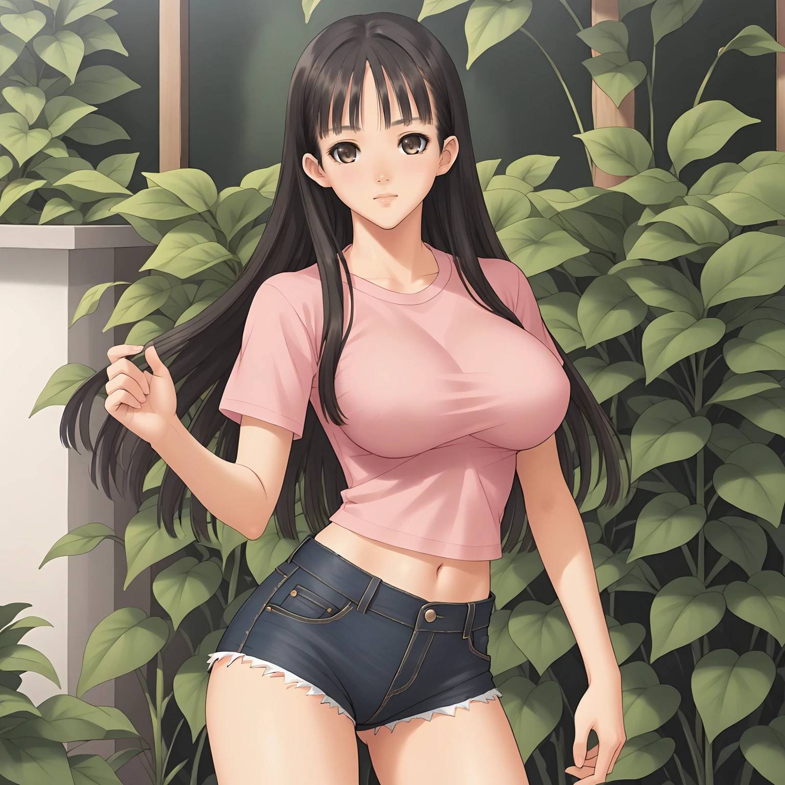 <lora:SnIMnI_AsaMizushimaXLpony006>,
solo,
AsaMizushima,1girl,black hair,long hair,brown eyes,
large breasts,
pink shirt,short_sleeves,
navel,
denim shorts,